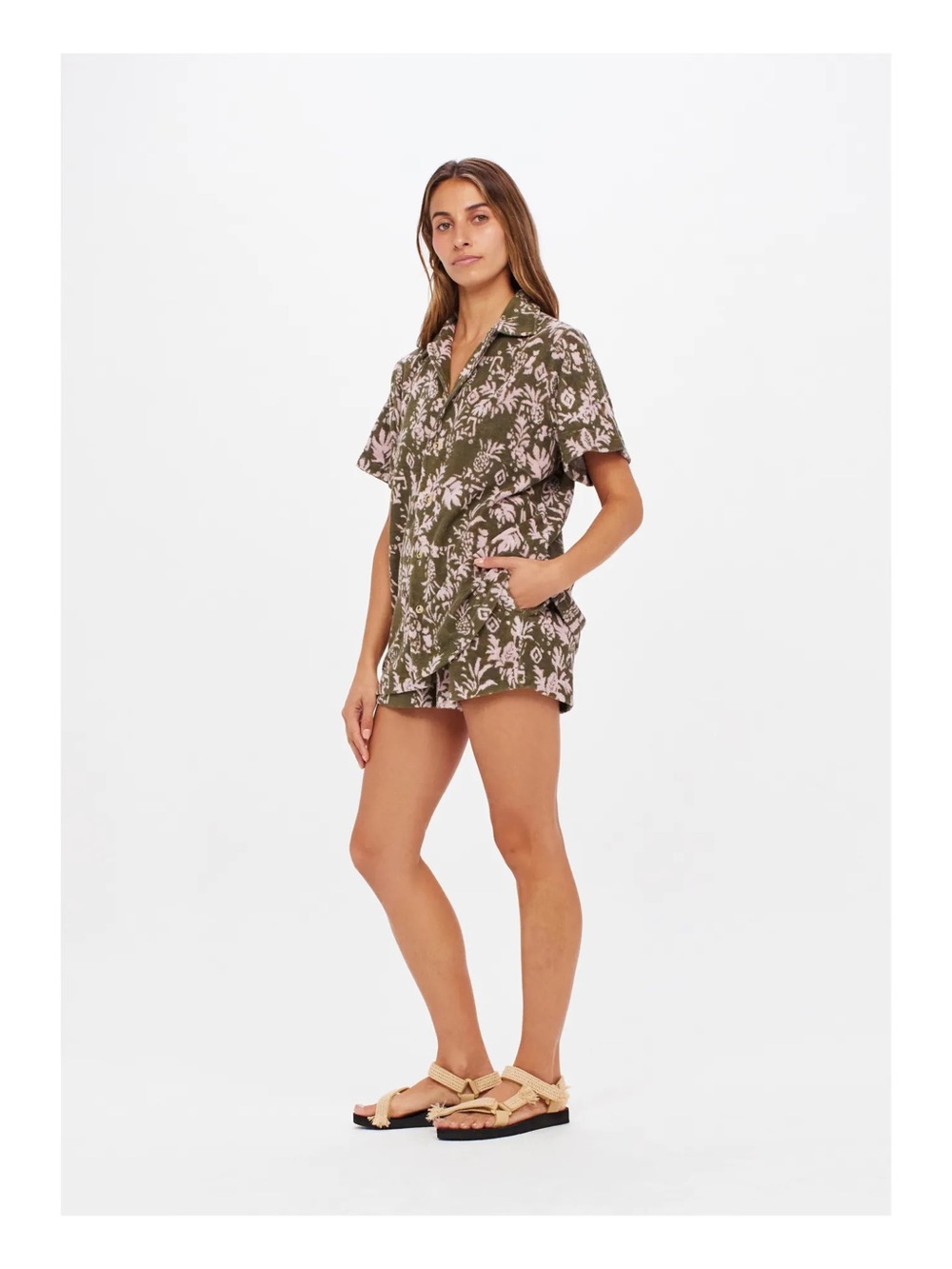The Upside Olive and Cream Floral Button-Down Shirt